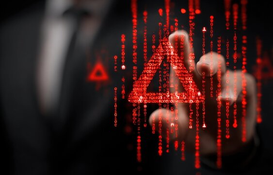 Businessman interacts with glowing red digital hazard symbol composed of binary code