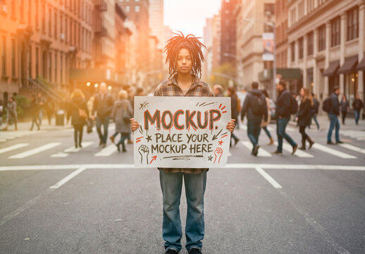Person holding blank protest sign mockup in city street