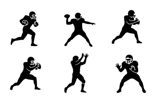 American football player silhouettes, set of 6 athlete vector icons, black sport figures in action poses, quarterback and receiver graphics