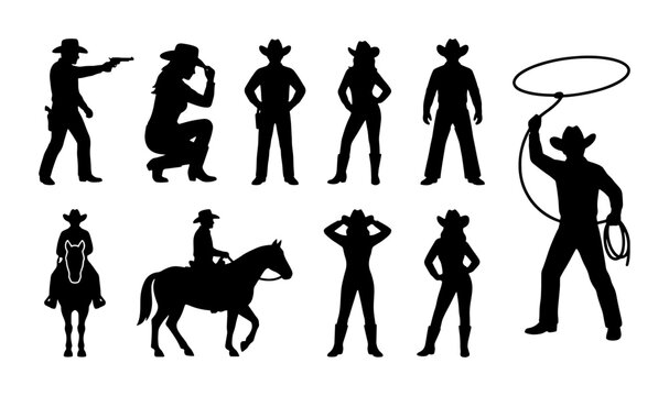Wild West cowboy silhouettes set, black western outlaw and cowgirl vector icons, 10 rodeo characters with horses and lasso, american frontier graphics
