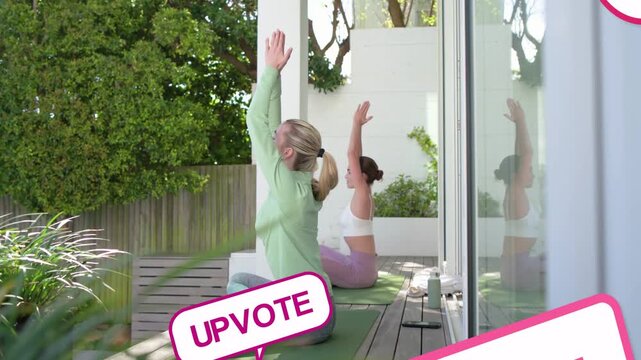 Two women doing health yoga on deck, leader raising arms to prayer, device popups covering glass