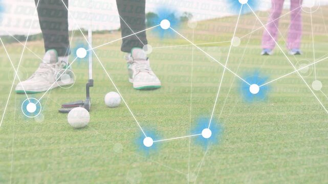 Placing club behind balls golfer adjusting practicing golf putts data overlay linking nodes fading