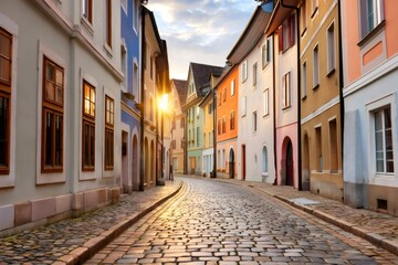 Fototapeta premium Colorful old town street with sun setting on cobblestone alley