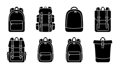 Minimalist backpack icon set, black silhouette rucksack collection, 8 travel bag vector elements for hiking and school equipment © Mitu