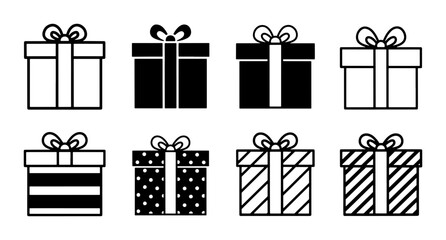 Minimalist gift box icon set, black and white present symbols with ribbons, 8 vector holiday surprise elements for e-commerce and greeting cards © Mitu
