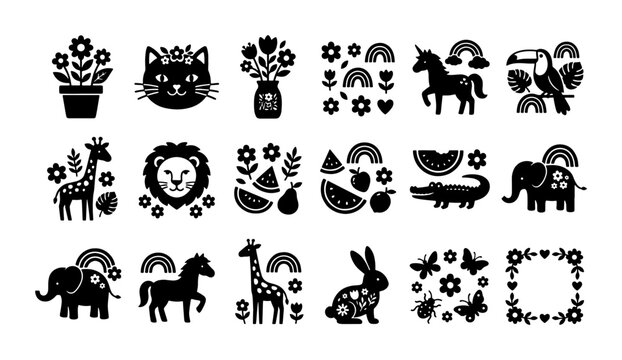 Scandinavian folk art animal icons, 18 black silhouette nature elements, minimalist nursery vector graphics, cute floral and wildlife stamps for kids