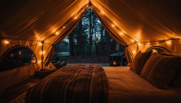 There is a bed in a tent that is lit up with fairy lights