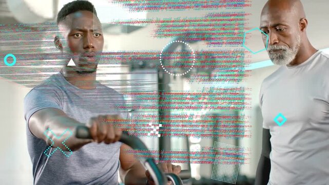 Trainee pushing and pulling bars after trainer cue in fitness gym, animated HUD correcting form