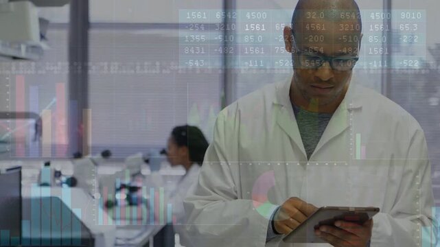 Man tapping tablet in lab, showing data overlay tracking results while woman at microscope