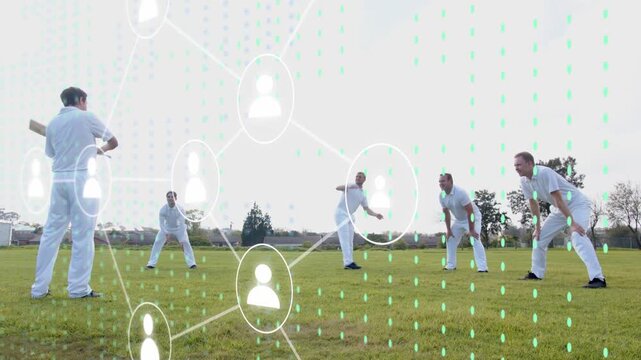 5 men on cricket field drill, fielder stepping bowling, batter swinging bat, data map linking team