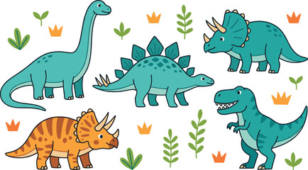 Obraz premium Cute dinosaur collection set with cartoon prehistoric animals stegosaurus triceratops and tyrannosaurus vector illustration