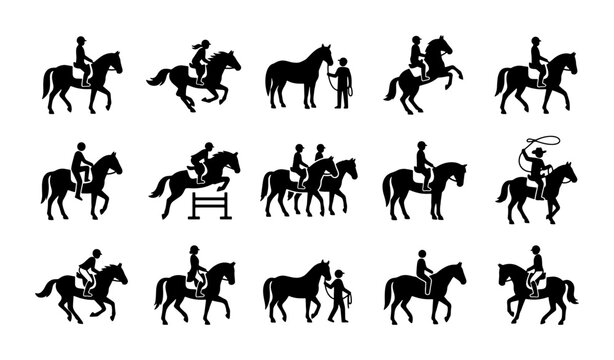 Horse riding silhouettes set, equestrian sport icons collection of 15 vector elements, horseback rider jumping and galloping figures for racing and dressage