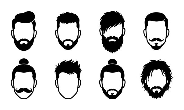 Barber shop hair and beard styles vector set, masculine male haircut icons with facial hair, 8 modern men grooming silhouettes for salon branding
