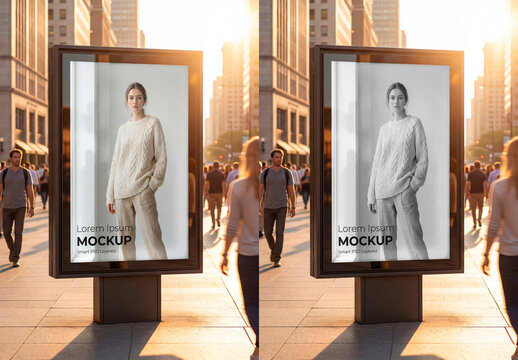 Outdoor advertising billboard mockup in busy city street at sunset