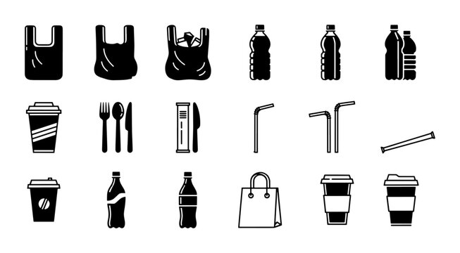 Single use plastic icons set, black silhouette waste symbols, disposable packaging collection of 17 vector elements for environmental pollution concepts