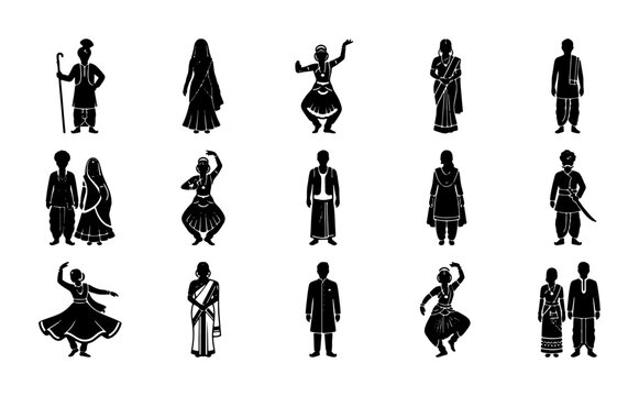 Indian culture silhouette icons set, traditional ethnic clothing and folk dance figures, 15 black vector elements of people in sari and dhoti
