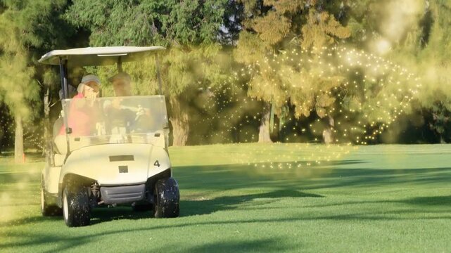 Woman pointing at golden ribbon, man steering golf cart, particles sweeping around cart from right