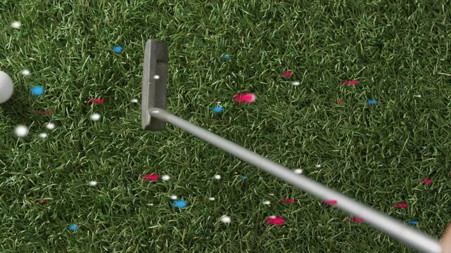 Metal putter head moving right, striking golf ball and sending confetti sparks across turf for demo