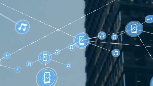 One phone icon popping near tower, growing tech network showing links, blue phones and music icons