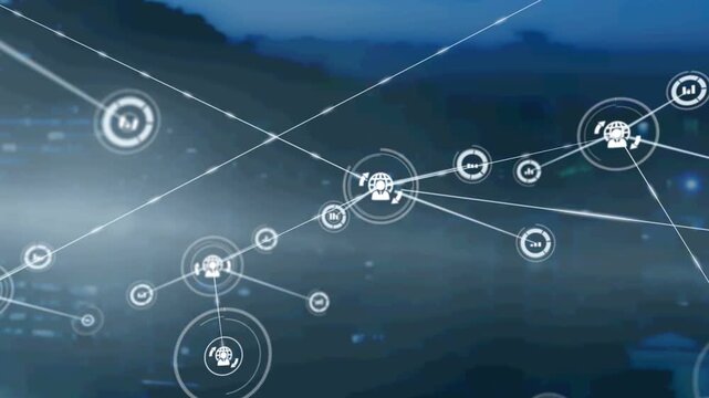 Central node spawning lines over blurred skyline connecting user or chart icons mapping tech network