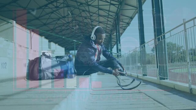 Boy on steps reaching into bag, preparing jump rope for sports while overlays appear over rope