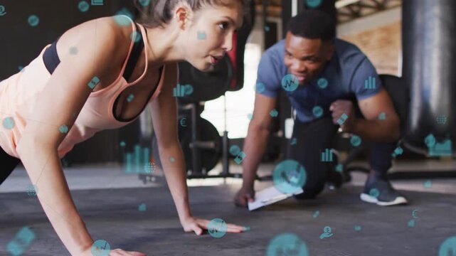 Trainer tapping clip cueing push-up set, client doing steady reps, blue icons tracking form