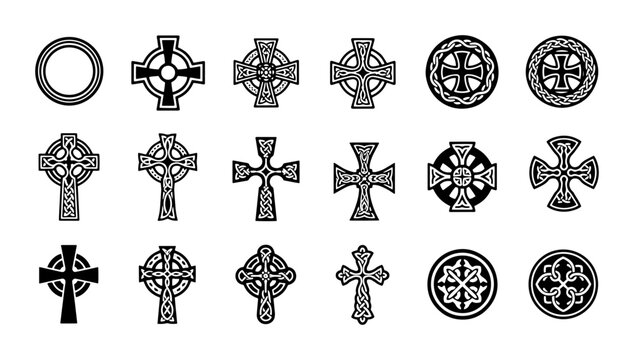 Celtic cross vector icons set, traditional Irish knotwork symbols, 18 black and white religious crucifix elements, ancient spiritual heritage ornaments