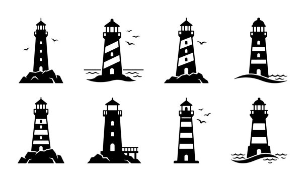 Minimalist lighthouse icon set, black nautical beacon silhouettes on white background, 8 maritime vector elements for coastal branding and travel logos