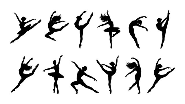 Graceful ballet dancer silhouettes set, 12 elegant ballerina vector poses, black dancing figures in motion, artistic gymnastic and dance performance elements