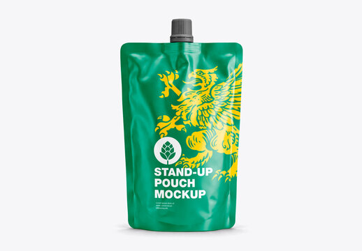 Metallic stand up pouch packaging mockup with cap isolated