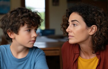 Obraz premium A mother and her young son engage in a serious discussion at home, perhaps addressing a mistake or misunderstanding