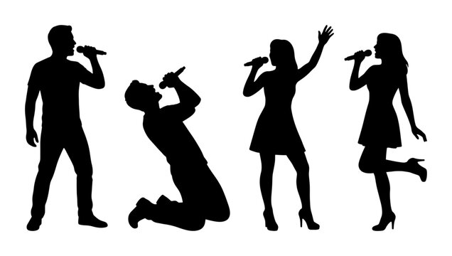 Singing people silhouettes, vocal performers with microphones, black vector set of male and female singers on white background