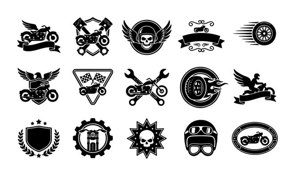 Vintage motorcycle club badges set, retro biker emblems with skulls and wings, 15 black vector icons for garage and custom shop branding