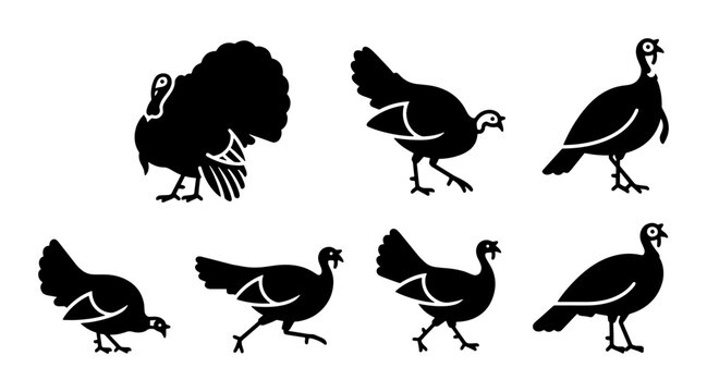 Black turkey silhouette collection, 7 wild turkey bird icons in various poses, minimalist poultry vector set for Thanksgiving and autumn designs