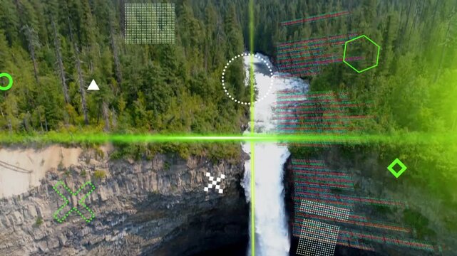 aerial camera descending, activating neon crosshair and code column, tracking waterfall for data