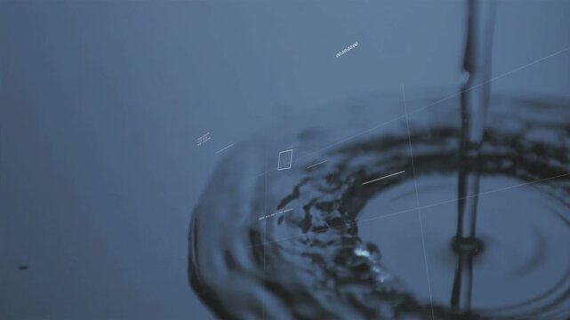 Vertical water column striking surface, forming rings and jet, HUD labeling fluid motion for tech