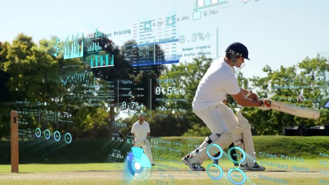 Batsman playing shot on bowler release, fielder diving to stop ball while cricket HUD tracking path