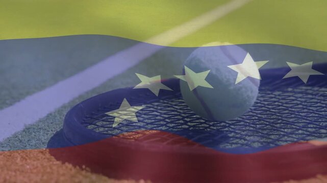 Hitting racket strings ball squashing rolling settling to top-right as flag sweeping showing bounce