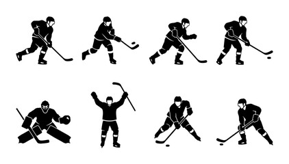Ice hockey player silhouettes set, 8 black vector icons of athletes in action, professional hockey team players skating and shooting puck © Sadia