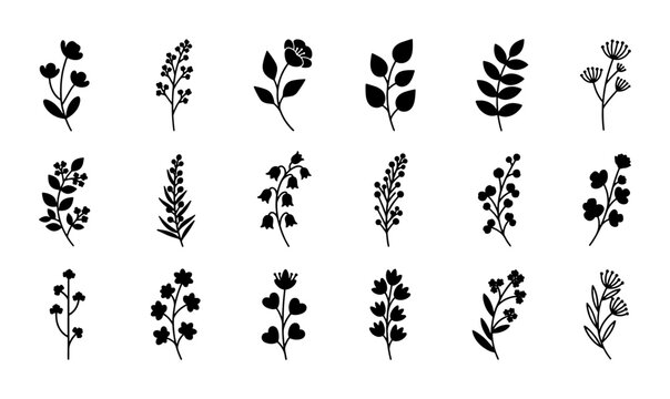 Minimalist black floral silhouettes, set of 18 botanical vector icons, hand drawn wildflower branches and leaf sprigs for wedding invitations and logo design