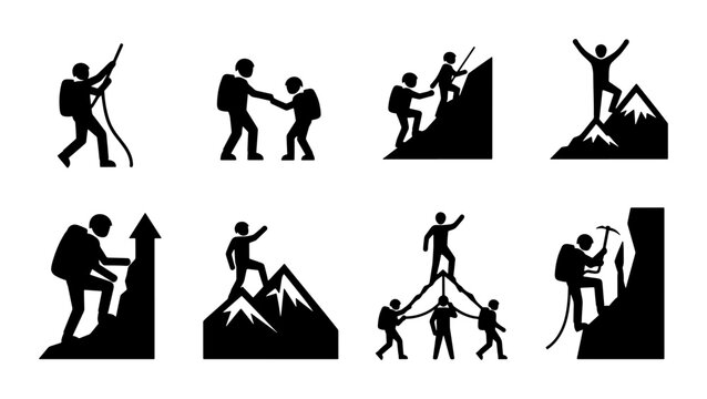 Mountain climbing silhouette icons, set of 8 hiking and mountaineering vector symbols, rock climbing team and outdoor adventure sport graphics