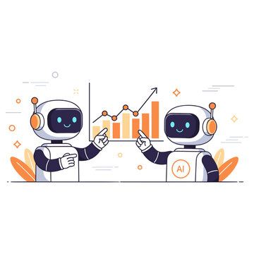Two friendly robots discussing data with graphs and charts in background