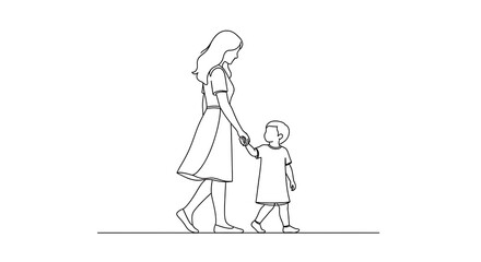 Obraz premium Mother, child walking, hand in hand, minimalist line art, family illustration, simple drawing