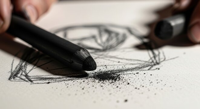 Hand drawing intricate geometric sketch with charcoal pencil on textured paper close-up
