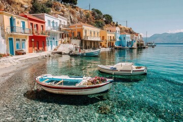 Obraz premium Colorful village homes and boats on a clear turquoise bay