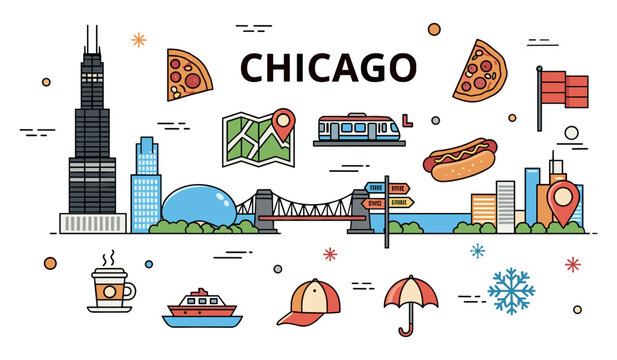 Chicago city icons: landmarks, food, transport, and culture illustrated