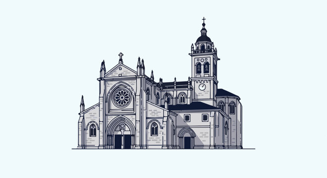 Stylized illustration of a grand cathedral with a prominent bell tower and rose window