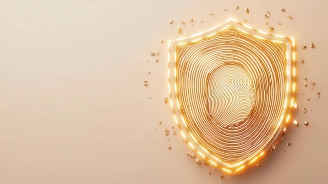 Shining gold shield with fingerprint for personal data protect. Cyber security concept for personal information security technology, identity verification and authorization system.