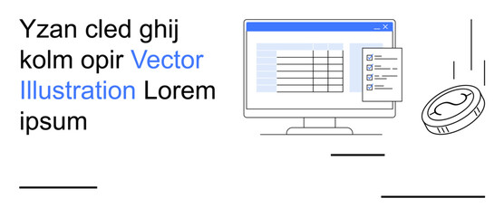 Digital finance, data analysis, e-commerce, online transactions, business management, information systems. A monitor with a data table, checklist and a coin. Digital finance and data analysis © robu_s