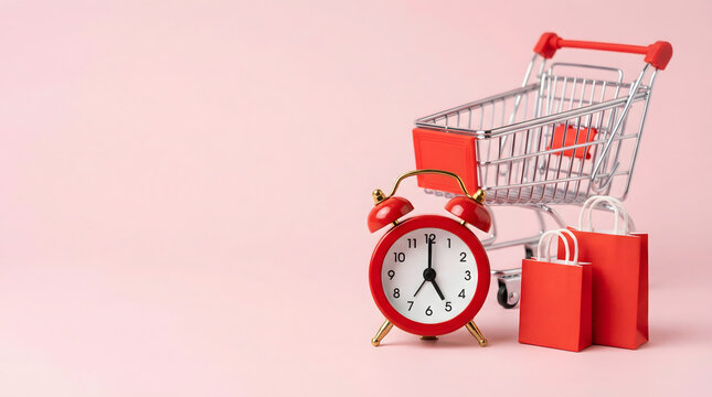 Shopping cart, alarm clock, and red bags on pink background - time for sales and discounts
